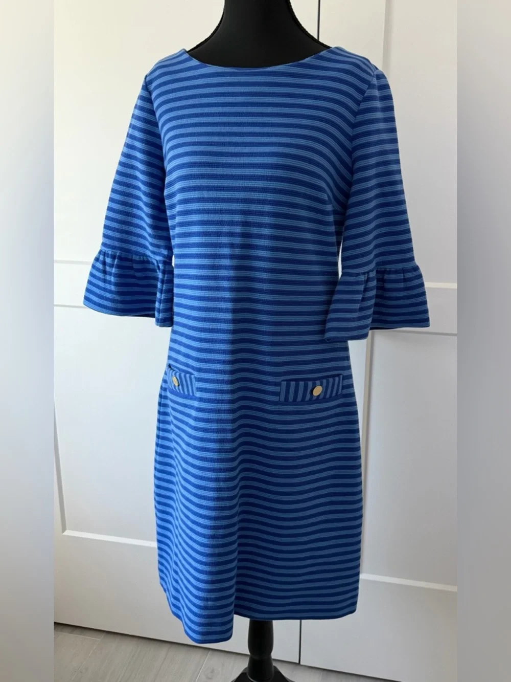 Lilly Pulitzer Alden Blue Grotto Ottoman Striped Bell Sleeve Shift Dress, Medium